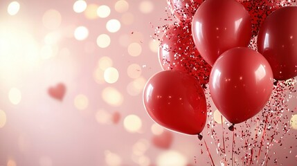 Wall Mural -   Red balloons float in the air, surrounded by confetti against a pink-red background