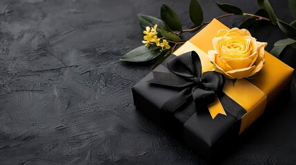 Poster -   A gift box adorned in black and yellow hues features a yellow rose atop and a black ribbon encircling its edges