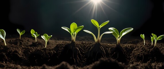 Wall Mural - an exquisite image of newly sprouted seedlings bursting through rich soil signifying growth and the 