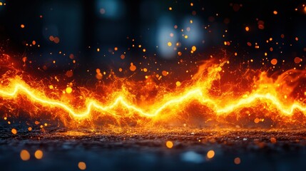 Wall Mural - Fiery energy trail across dark ground, sparks fly, bokeh background; ideal for action, power concepts