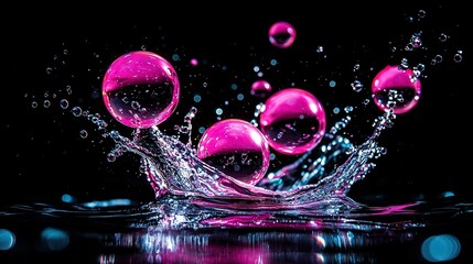 Wall Mural -   A collection of pink orbs hovering above a dark expanse of water, surrounded by airborne bubbles