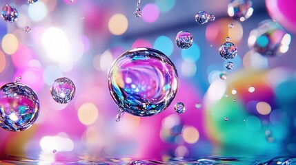 Wall Mural -   A cluster of bubbles drifting above a multicolored liquid teeming with diverse-hued bubbles