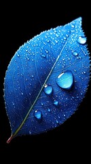 Wall Mural -   A close-up of a blue leaf with water droplets on its leaves against a black backdrop