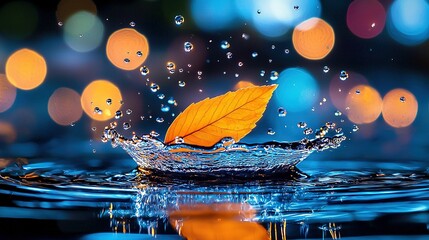 Wall Mural -   A leaf floats atop a body of water, dotted with drops, amidst colorful lights