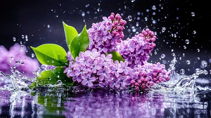 Wall Mural -   A cluster of violet blossoms bobbing atop a tranquil pond, adorned with scattered droplets