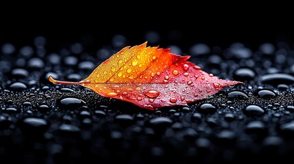 Wall Mural -   A black surface with droplets on leaves and ground