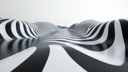 Wall Mural - Abstract black white striped waves, 3D render, background, design