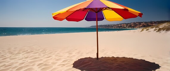 Wall Mural - An enchanting view of a colorful umbrella on the beach casting playful shadows against the soft sand inviting relaxation on sunny days