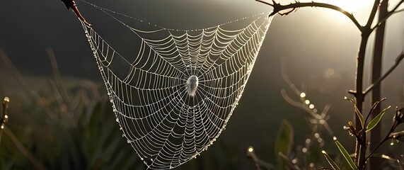 Wall Mural - An enchanting representation of dew glistening on spider webs like diamonds in the morning light showcasing natures intricate artistry
