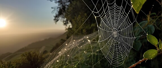 Wall Mural - An enchanting representation of dew glistening on spider webs like diamonds in the morning light showcasing natures intricate artistry