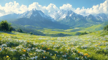 Wall Mural - Sunny mountain meadow wildflowers landscape