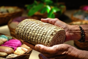 Mature caucasian hands holding textured coral fossil artifact in basket display