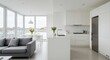 © PixelPulse Creative - A sleek open plan living and kitchen area with a cozy gray sofa and a dining table in the background