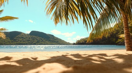 Wall Mural - Tranquil tropical beach with palm trees and mountain view on a sunny day
