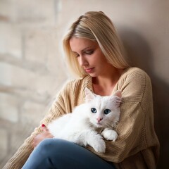 Wall Mural - sad woman, sitting against the wall and cuddling a cat