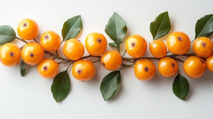 Aufkleber - Golden Berries and Green Leaves on a Branch: A Natural Still Life with Vibrant Colors Against a Clean, White Background, Showcasing Freshness and Detail