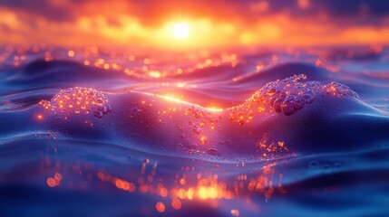 Poster - Golden Hour Symphony: Waves Awash with Sunset's Embrace, a Dreamscape of Luminous Bubbles and Glistening Reflections