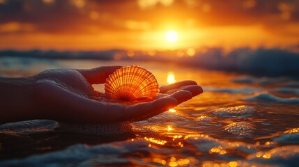 Poster - Golden Shell Embrace: A Hand Holds Nature's Treasure Amidst the Warm Glow of a Beach Sunset, Bathed in the Serene Light of Dusk