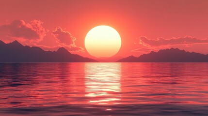 Wall Mural - Red sunset over calm ocean, mountains in background; serene nature scene