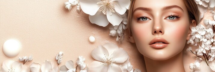 Wall Mural - Elegant beauty layout featuring fresh blossoms for skin care advertising