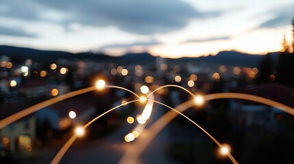 An aerial perspective of a city during the night, showcasing luminous structures and a tangle of aerial links