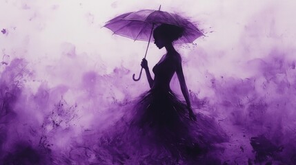 Aufkleber - Artistic Purple Silhouette: Woman with Umbrella in Abstract Setting - A Moody and Atmospheric Digital Painting