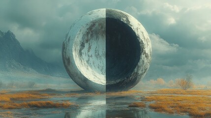 Poster - Mystic Sphere: A Dichotomy of Light and Shadow in a Surreal Landscape with Misty Mountains and Golden Grass Reflected in Water, Under a Cloudy Sky.
