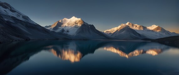 Wall Mural - A stunning view of white capped mountains reflecting nicely on the surface of a tranquil lake where natures beauty awes all who gaze
