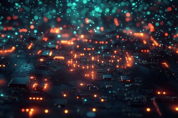 Canvas Print - This piece showcases a closeup of an illuminated circuit board with intricate details and vibrant colors, captivating observers with glowing particles and evoking a sense of wonder