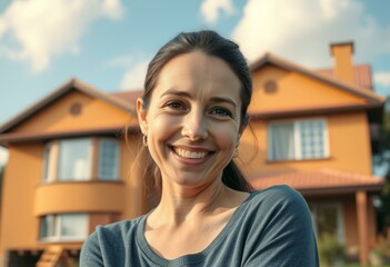 Wall Mural - Happy female portrait with private house background