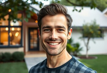 Wall Mural - Happy male portrait with private house background