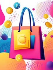 Wall Mural - Colorful shopping bag with discount tag and coins, symbolizing sales illustration