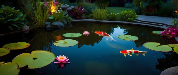 Wall Mural - A serene image of a tranquil garden pond lily pads resting on the waters surface while colorful koi swim gracefully beneath