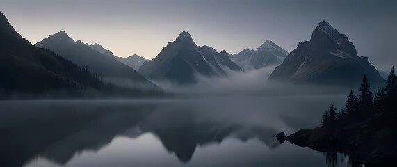 Wall Mural - A serene depiction of mountains shrouded in mist where natures calm promises moments of reflection and tranquility