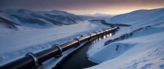 Wall Mural - A rugged oil pipeline meandering through a picturesque winter landscape where glistening snowklads contrast against the shiny metal structure