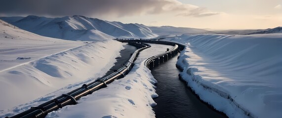 Wall Mural - A rugged oil pipeline meandering through a picturesque winter landscape where glistening snowklads contrast against the shiny metal structure