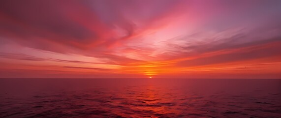 Wall Mural - A radiant red sunset painting the calm horizon of the sea where hues of orange and pink unravel a breathtaking portrait of nature