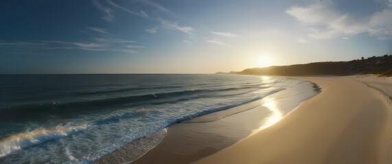 Wall Mural - A peaceful view of an unspoiled beach stretching toward the horizon where soft waves embrace the golden shore and the azure sky overhead
