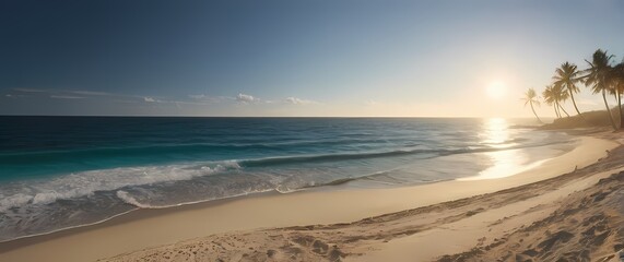 Wall Mural - A peaceful view of an unspoiled beach stretching toward the horizon where soft waves embrace the golden shore and the azure sky overhead