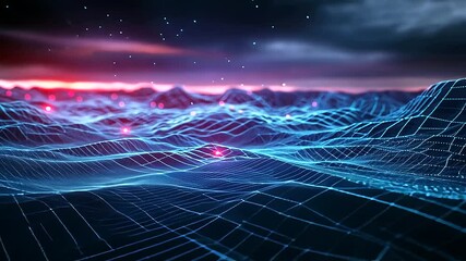 Wall Mural - a futuristic digital landscape with a glowing blue grid stretching into the distance, illuminated by