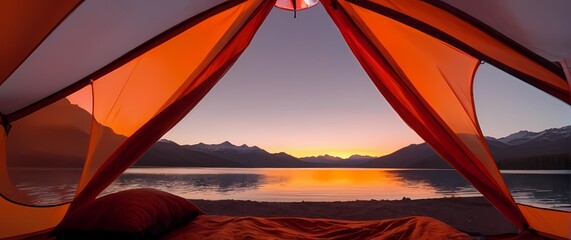 Wall Mural - A mesmerizing view through a tent flap showcasing fiery red and orange hues of a sunset over a crystal clear lake with distant mountains