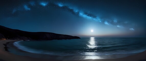 Wall Mural - A mesmerizing panoramic view of a starry night over a calm sea where the moonlight dances upon the wave creating an invitation for dreams