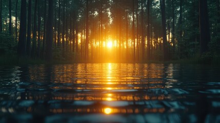 Wall Mural - Sunset over forest lake, calm water reflects golden light. Use Nature background