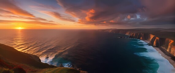 Wall Mural - A magnificent sunset from a clifftop view overlooking the ocean Where Colors Blend into a Tranquil Scene of Earths Splendor