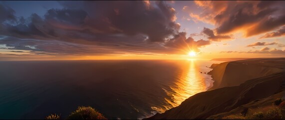Wall Mural - A magnificent sunset from a clifftop view overlooking the ocean Where Colors Blend into a Tranquil Scene of Earths Splendor