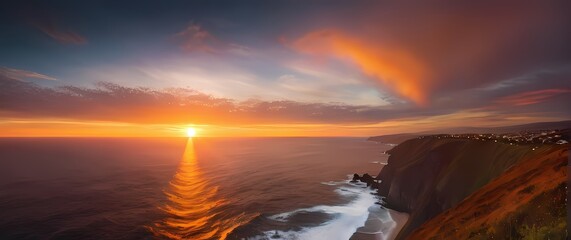 Wall Mural - A magnificent sunset from a clifftop view overlooking the ocean Where Colors Blend into a Tranquil Scene of Earths Splendor