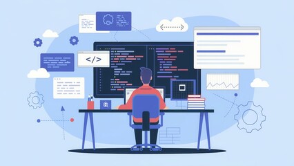developer coding on a large screen filled with lines of code, bug reports, and debugging tools. , Symbolizing Software Development, programming , and Technological Innovation.
