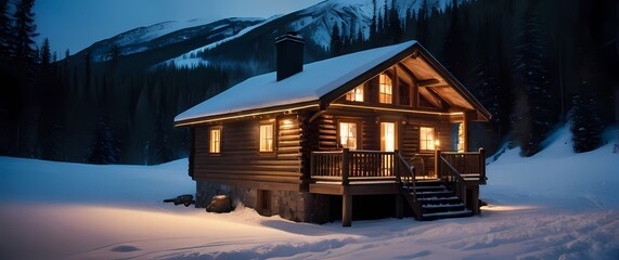 Wall Mural - A heartfelt representation of a rustic wooden cabin surrounded by snow where quiet comfort and warmth return in the heart of winter