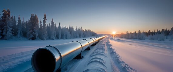 Wall Mural - A frosty oil pipeline beckoning through a winter wonderland blanketed in shimmering white snow creating a stark beauty against a tranquil scene