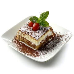 Wall Mural - Layered dessert topped with powdered sugar, cherries, and basil, served on a square plate with cocoa powder dusting.